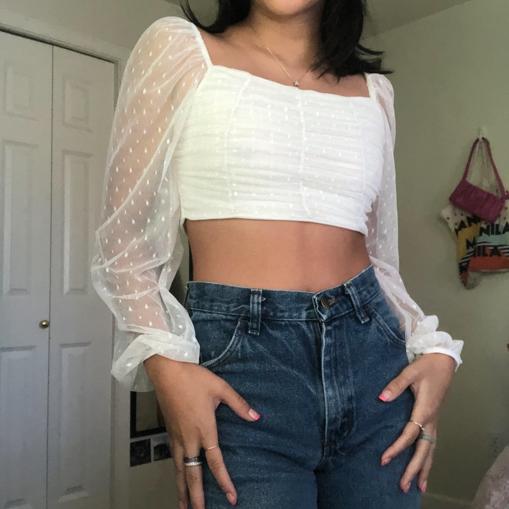 Ruched sheer bell-sleeve blouse